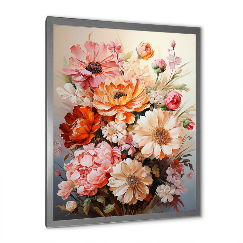 Fleurs saisonnières, coucher de soleil sur toile, Cadre simple argenté, H 32 po x l 16 po x P 1 po