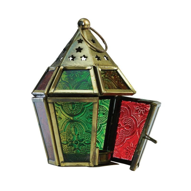 Mini lanterne hexagonale en verre, Vert / Rouge / Jaune
