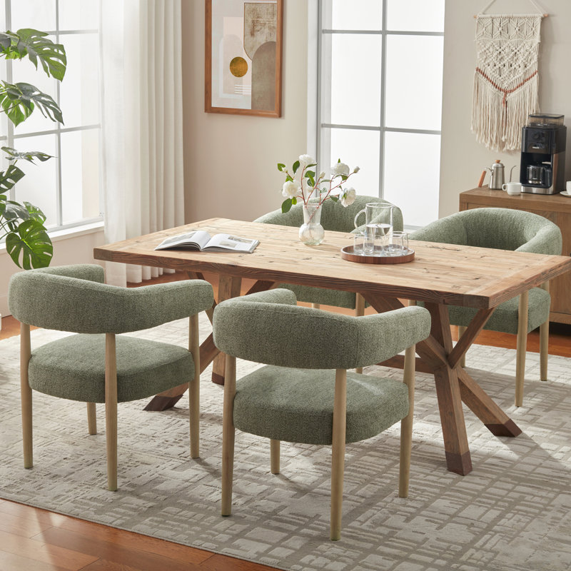 Upholstered Side Dining Armchair With Solid Wood Legs, Green