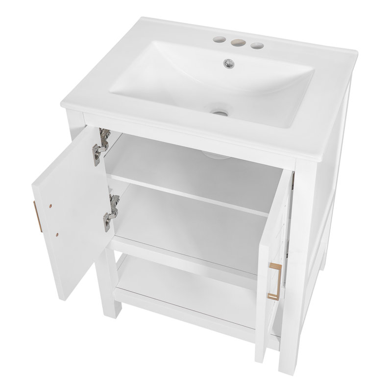 Meuble-lavabo moderne autoportant 24 po blanc avec lavabo en céramique, tablette ajustable, conception élégante en sergé, charnières à fermeture en douceur, structure ouverte au dos