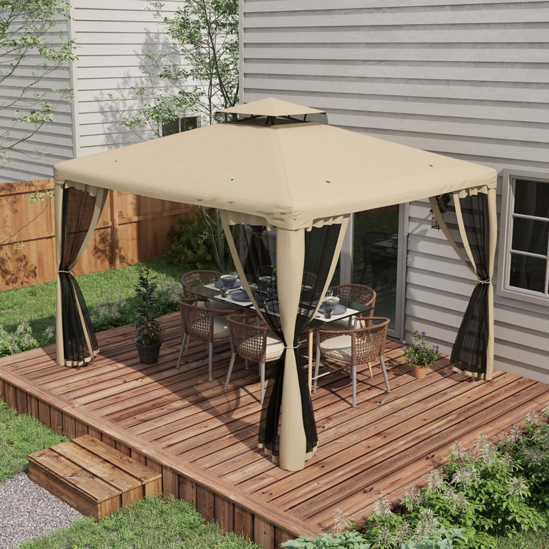Patio Gazebo, Outdoor Canopy Shelter With 2-Tier Roof And Netting, Steel Frame For Garden, Lawn, Backyard, And Deck, Beige