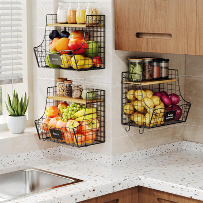3 Pack Fruit Basket For Kitchen With Wood Lid - Counter&wall Mounted Onion And Potato Storage With Nameplate, Stackable Storage Basket, Hanging Metal Wire Baskets Kitchen Countertop Organizer Pantry