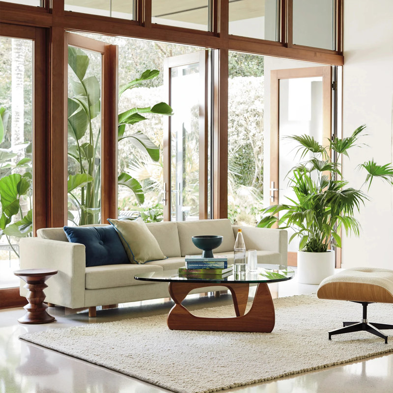 Triangle Glass Coffee Table with Wooden Base Clear Glass Top Mid-Century Abstract Glass Table, Dark Walnut