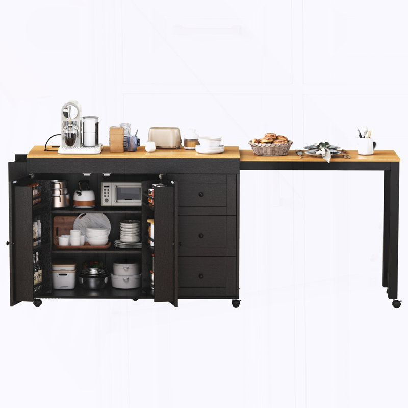 Kitchen Island with Extendable Dining Table, Kitchen Storage Cart with 3 Drawers, Power Outlet, Black