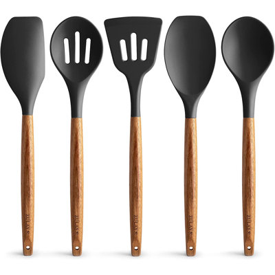Zulay Kitchen 5 Piece Silicone Utensils Set With Authentic Acacia Wood Handles 