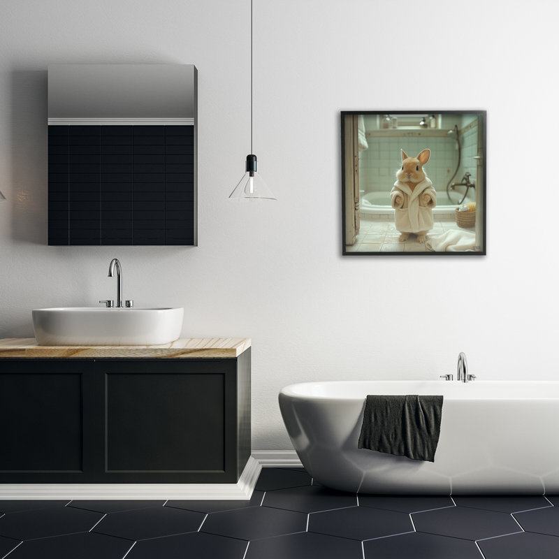 Lapin en peignoir, estampe numérique encadrée par RB, Giclée encadrée noir minuit, H 24 po x l 24 po