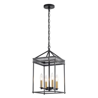 9.84" 4-Light Matte Black and Gold Lantern Pendant Light with Adjustable Chain, Industrial Modern Farmhouse Cage Chandelier for Kitchen Island Dining Room Entryway, E12 Base