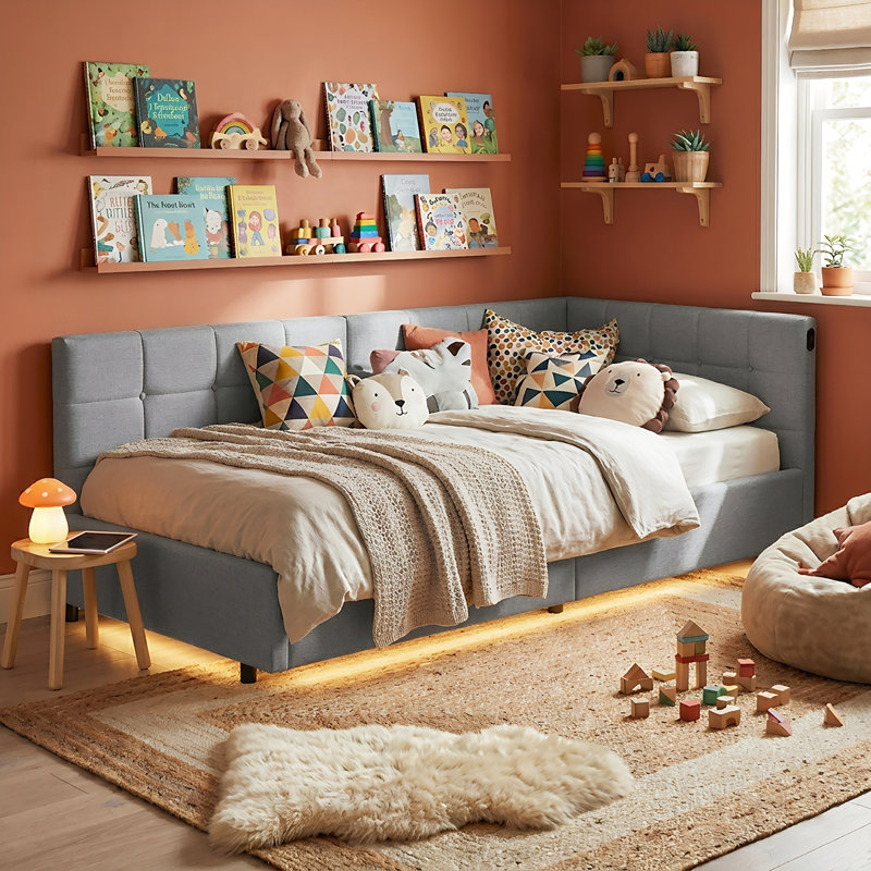 90x200cm EU Single Ottoman Daybed, Velvet Upholstered Sofa Bed with RGB LED Lights & USB/Type-C Charging, Grey / Cream, Grey