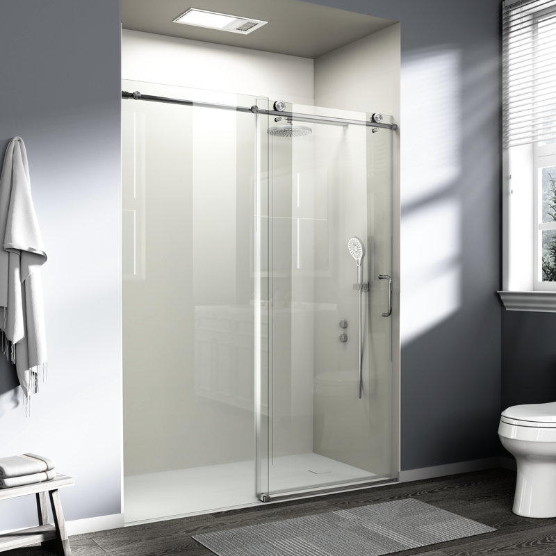 Porte de douche simple coulissante de 56 à 60 pouces de largeur, 76 de hauteur, verre trempé de 1/4 po et 6 mm de diamètre, nickel brossé, ajustement ajustable, bris, étanche à l'eau, porte de salle de bain large moderne et propre, peu encombrante, serrée