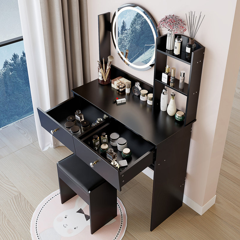 Table de meuble-lavabo à miroir rond de 17 pouces à DEL avec tabouret à coussin moelleux, luminosité réglable et rangement multicouche pour les petits espaces