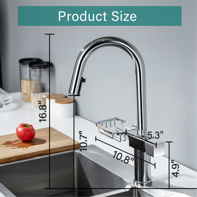 Robinet de cuisine à un trou à finition arquée en acier inoxydable à un trou avec fonction double, pivotant sur 360 ° et rangement pour garde-manger en acier
