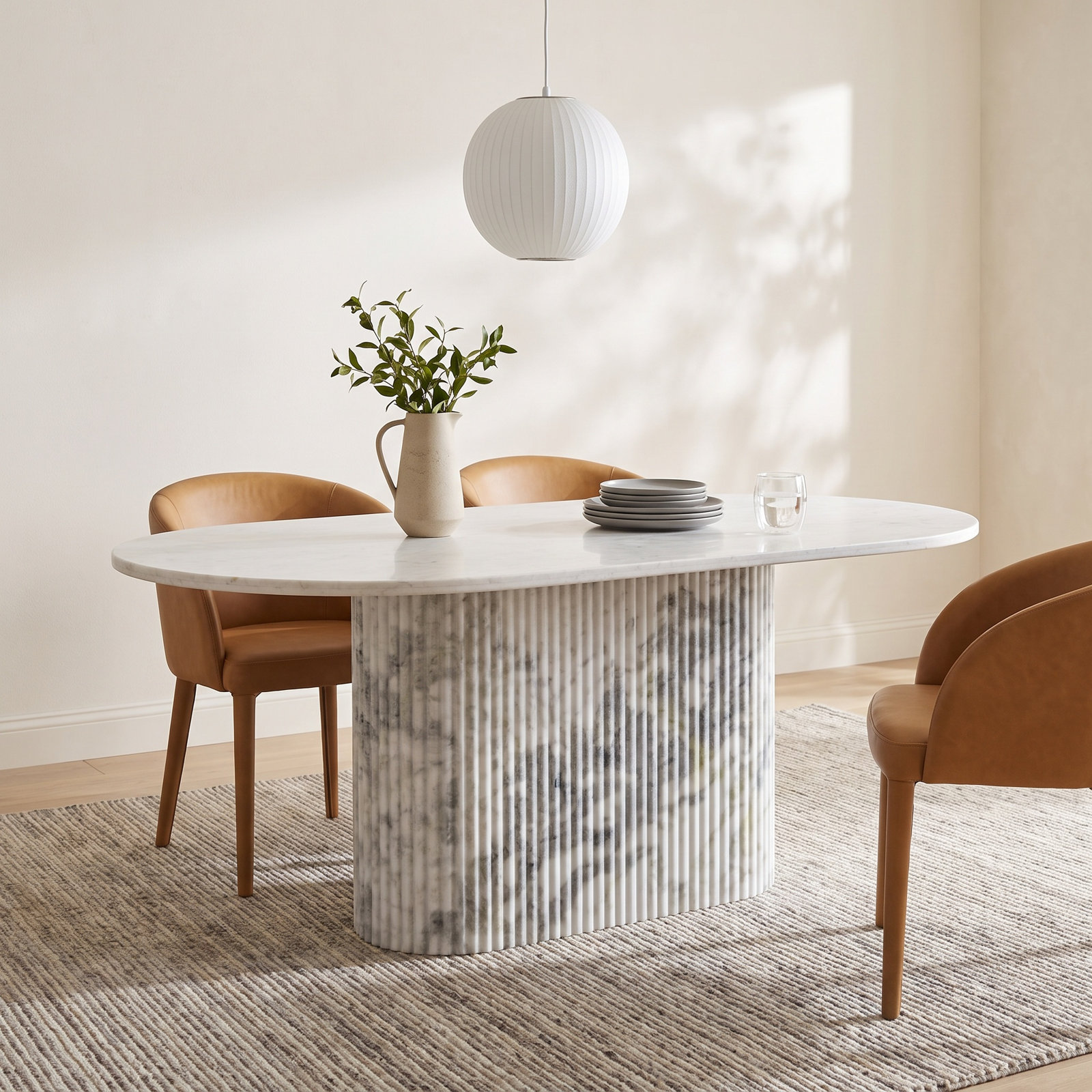 Holloman 74'' Oval Marble Dining Table, Polished White Marble/White Scalloped Marble