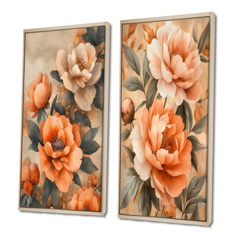 Collection pivoines pivoines d'automne - Collection de 2 panneaux sur toiles florales, H 40 po x l 41 po, Cadre crème crème