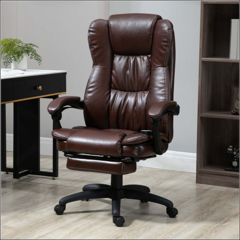Fauteuil de bureau de massage à haut dossier avec vibration à 6 points, 5 modes, fauteuil de direction, fauteuil pivotant en cuir PU avec dossier inclinable et repose-pieds rétractable
