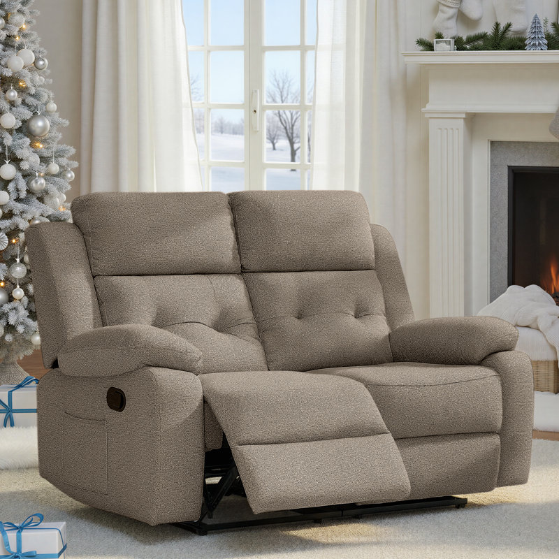 Lounger Reclining Loveseat Wall Hugger Dual Sided,With Side Pocket,Modern Manual Double Sofa-Light Brown