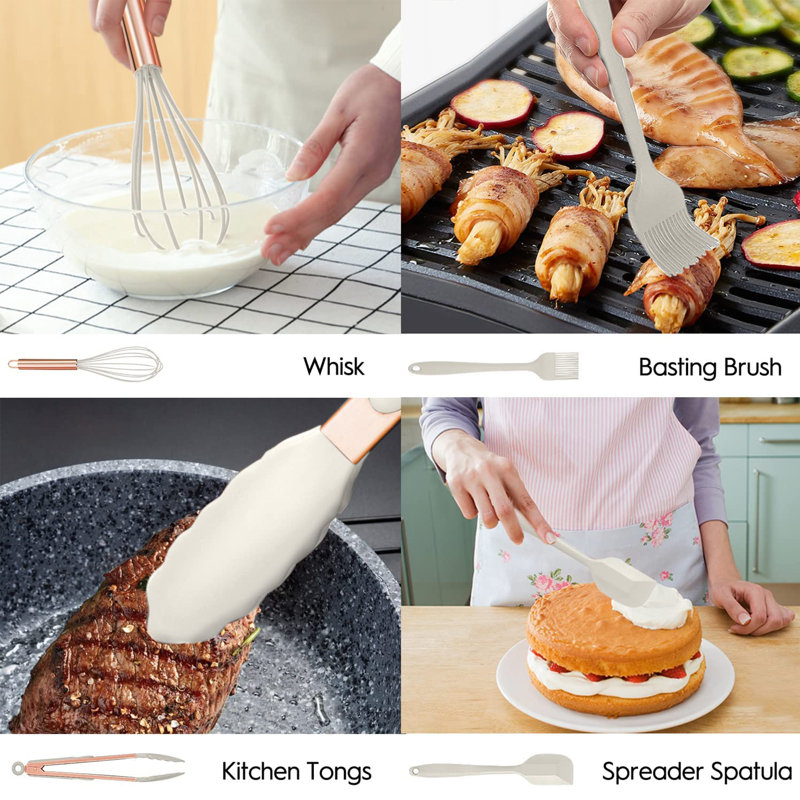 Ensemble 24 pièces d'ustensiles de cuisine en silicone antiadhésif, résistant à la chaleur, kaki