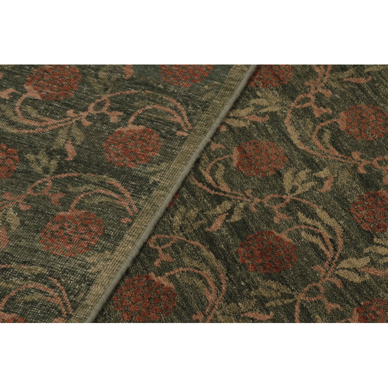 Black Print Hand Knotted Wool Floral Area Rug, Rectangle 4' x 5'