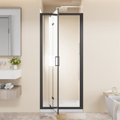 Framed Bi-fold Pivot Shower Door 30"x72" Space-saving Folding Shower Enclosure, 1/4" Clear Tempered Glass with Stainless Steel Handle, Reverible Installation, Black