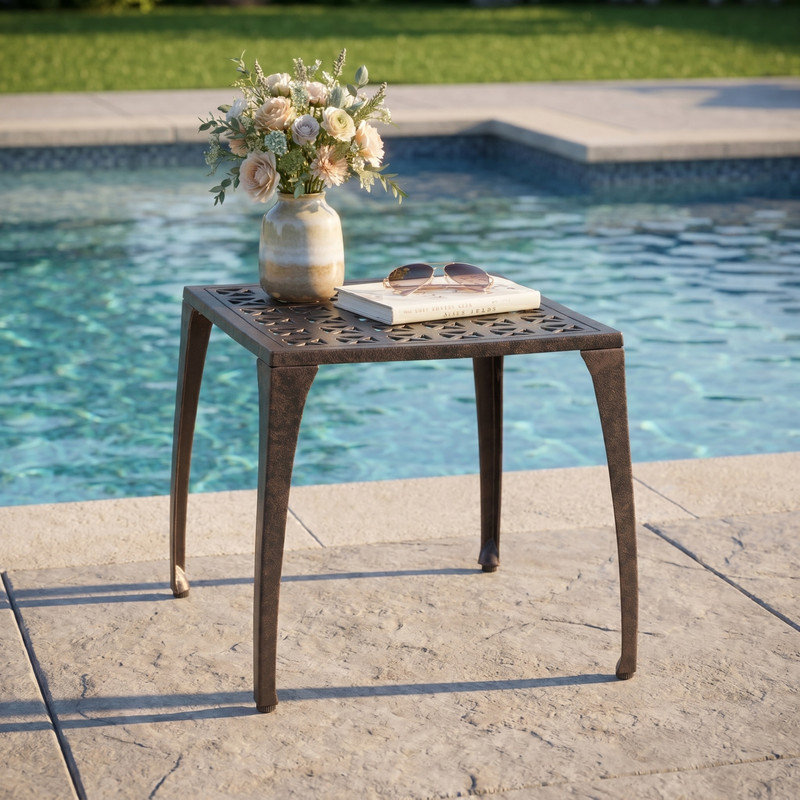 Table d'appoint d'extérieur en aluminium 18 po avec plateau grillagé 18 po