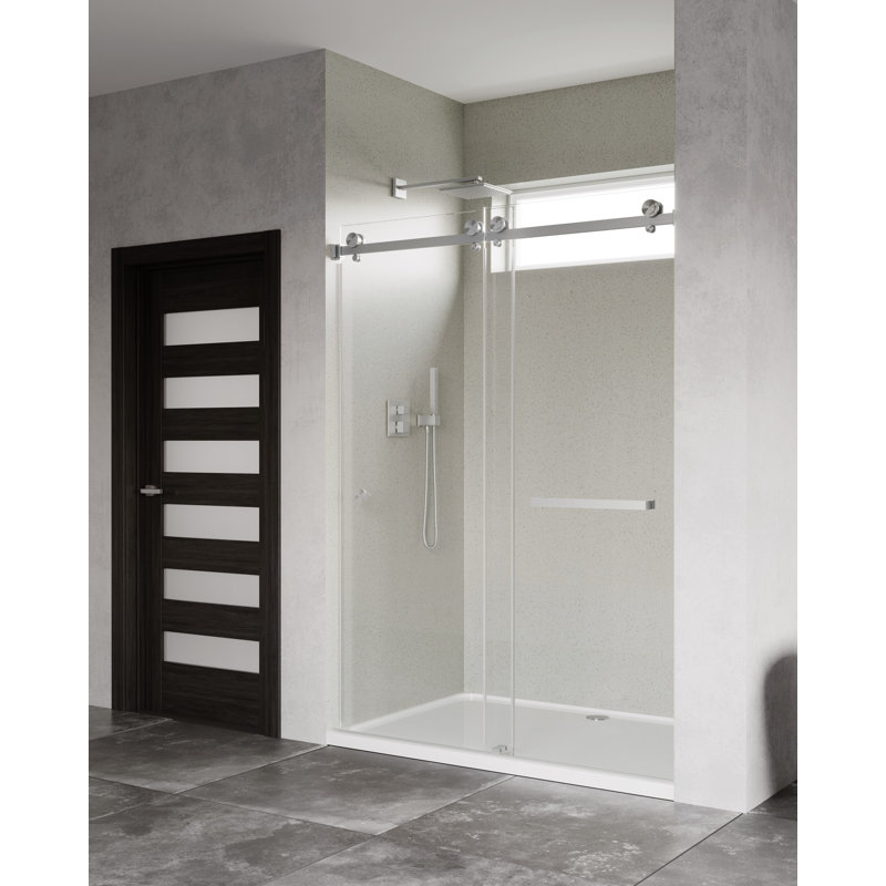 Porte de douche coulissante de 56 à 60 po x H 76 po avec verre trempé antidéflagrant de 3/8 po (10 mm), sans cadre, quincaillerie en acier inoxydable