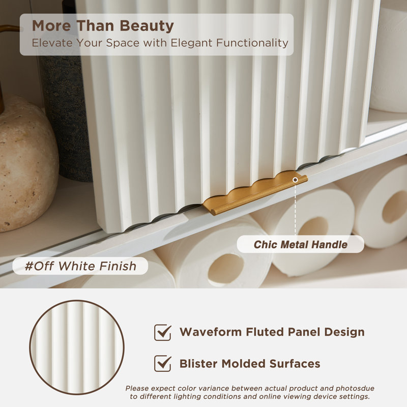 Riccio Freestanding Over The Toilet Storage Cabinet with Sliding Fluted Door Adjustable Shelf, Solid White