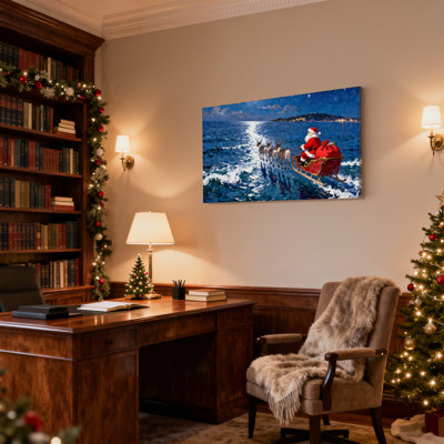 Christmas Santa Claus Sleigh Reindeer Ocean Night Moon Stars Set of 3 Canvas Wall Art Prints