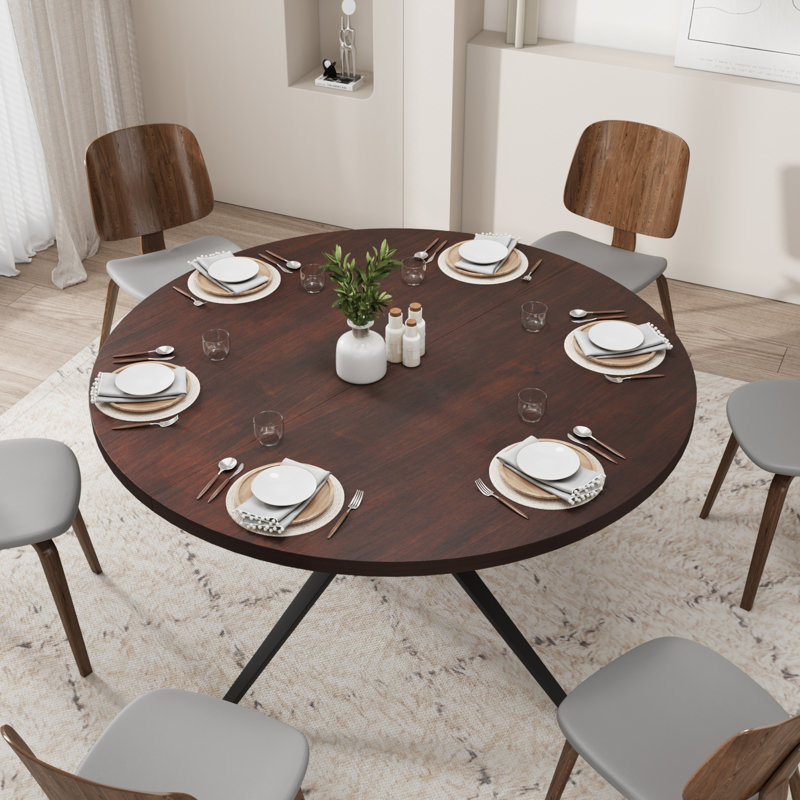 47” Solid Wood Round Dining Table, Farmhouse Wooden Kitchen Table for 4 - 6 Person, Circle Coffee Table with Steel Legs, Mid Century Table for Kitchen, Dining Room, Dark Walnut