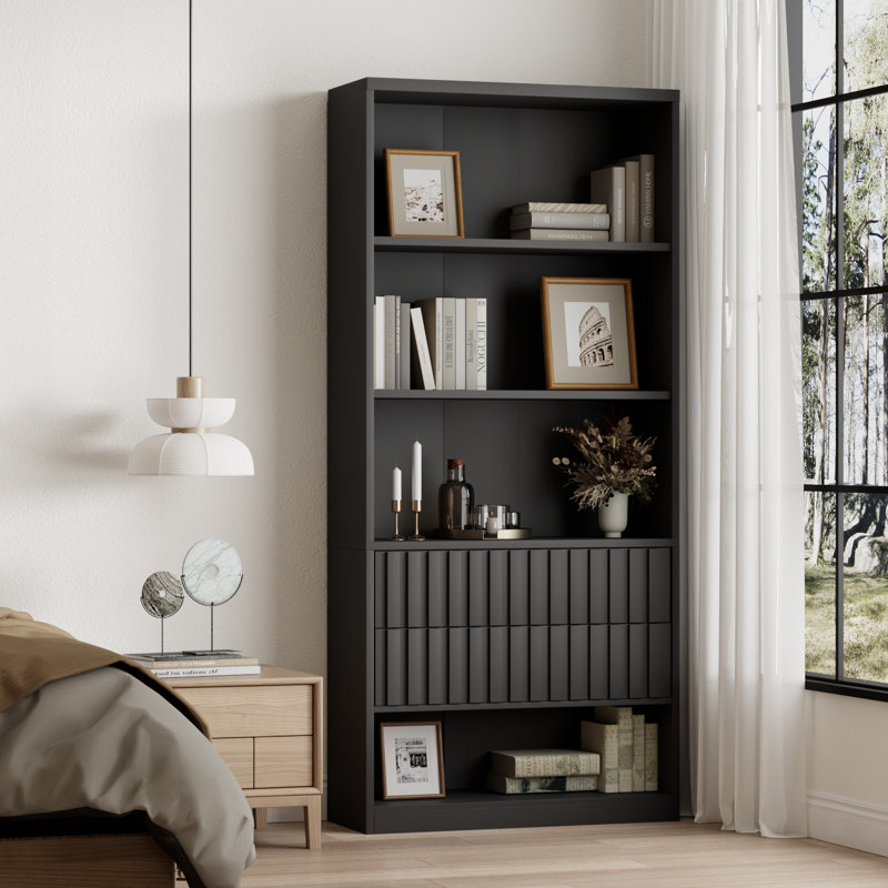 71” H Tall Bookcase with 2 Drawers, Bookshelf with 4-Tier Display Open Shelves, Black