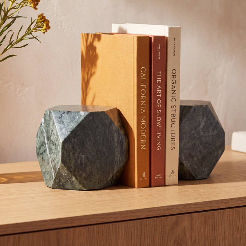 Marble Octagon Block Geometric Decorative Bookends, Gray