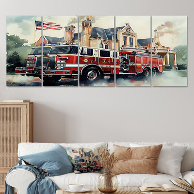 Fire Truck In The Hamptons I - Fireman Wall Art Print Set
