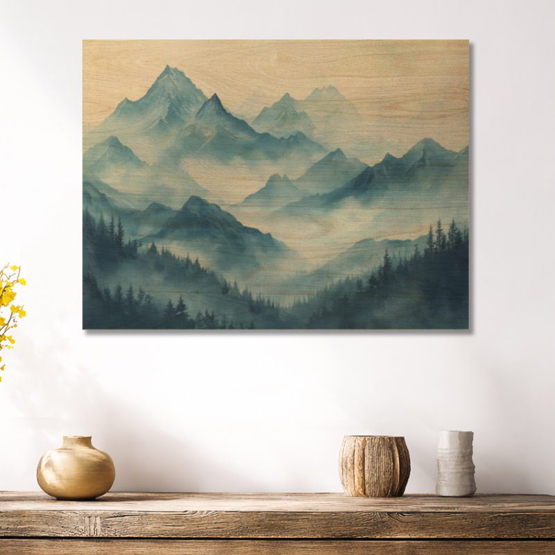 Bleu alpin frais - décoration murale montagne en bois, 18" H x 24" W, Rectangulaire