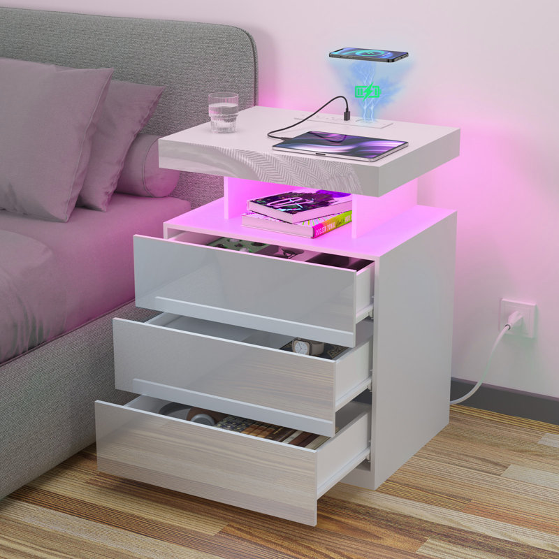 Chappa Manufactured Wood Nightstand with Wireless Charging Station, LED Lights and 3 Drawers, White