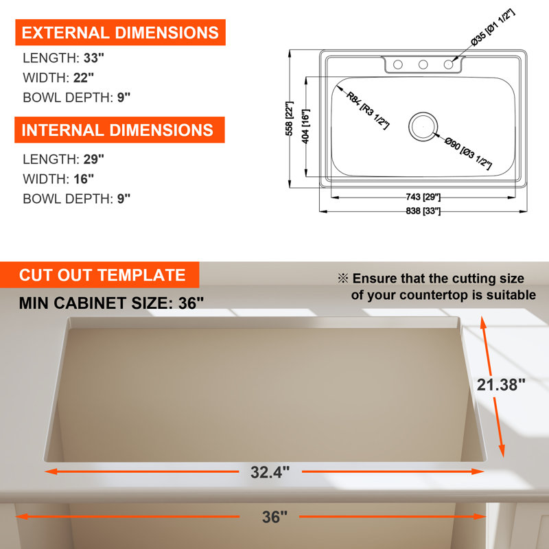 Blenzia 33x22 Drop In Single Bowl 18 Gauge Stainless Steel Kitchen Sink 33" x 22" x 9"