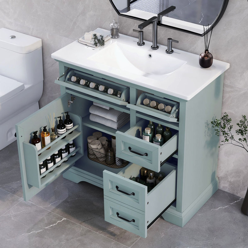 Meuble-lavabo de salle de bain avec lavabo, tiroir fonctionnel, tablette de porte, Gris