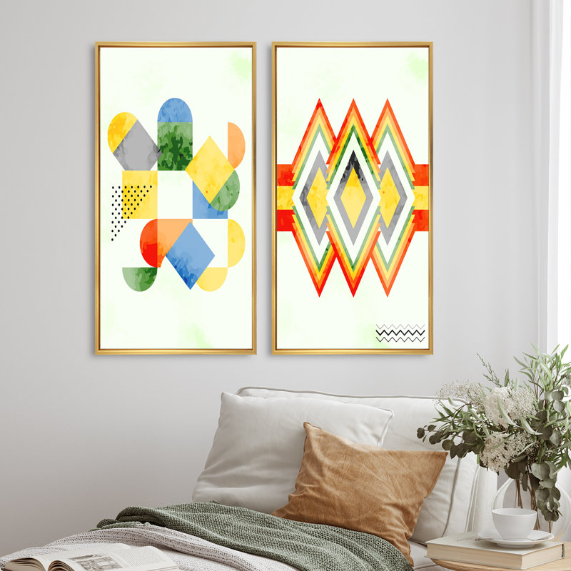 «Abstract Retro Geometrics IV», ensemble de 2 impressions, H 40 po x l 40 po x P 1,5 po, Toile avec cadre doré