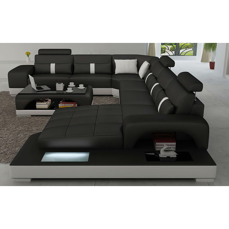 Lorana 152" Wide Genuine Leather Right Hand Facing Modular Corner Sectional, Black
