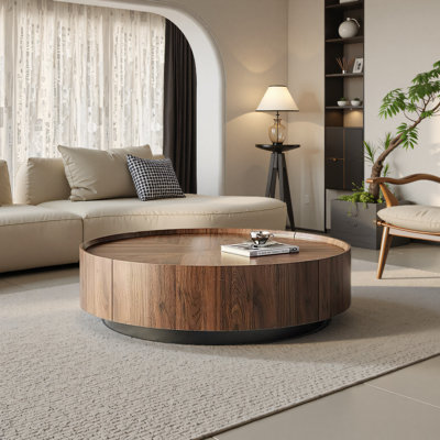  Walnut Round Coffee Table with Hidden Storage Drawers for Living Room or Home Office