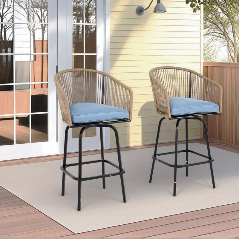 Set Of 2 Outdoor Patio Barstool, All Weather Rattan Bar Chair With Armrests And Backrest, PE Wicker