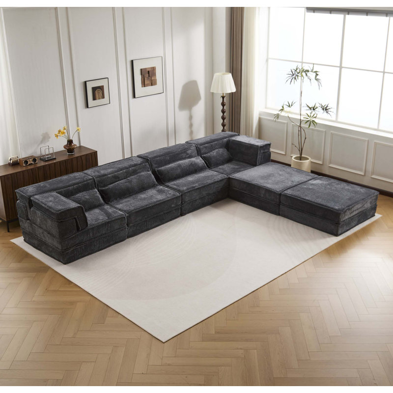 Canapé à compression Mahjong, canapé-lit convertible au sol, canapé modulaire modulaire désossé DIY, aucun assemblage requis, tissu polaire circulaire, surdimensionné à 4 places avec 2 repose-pieds