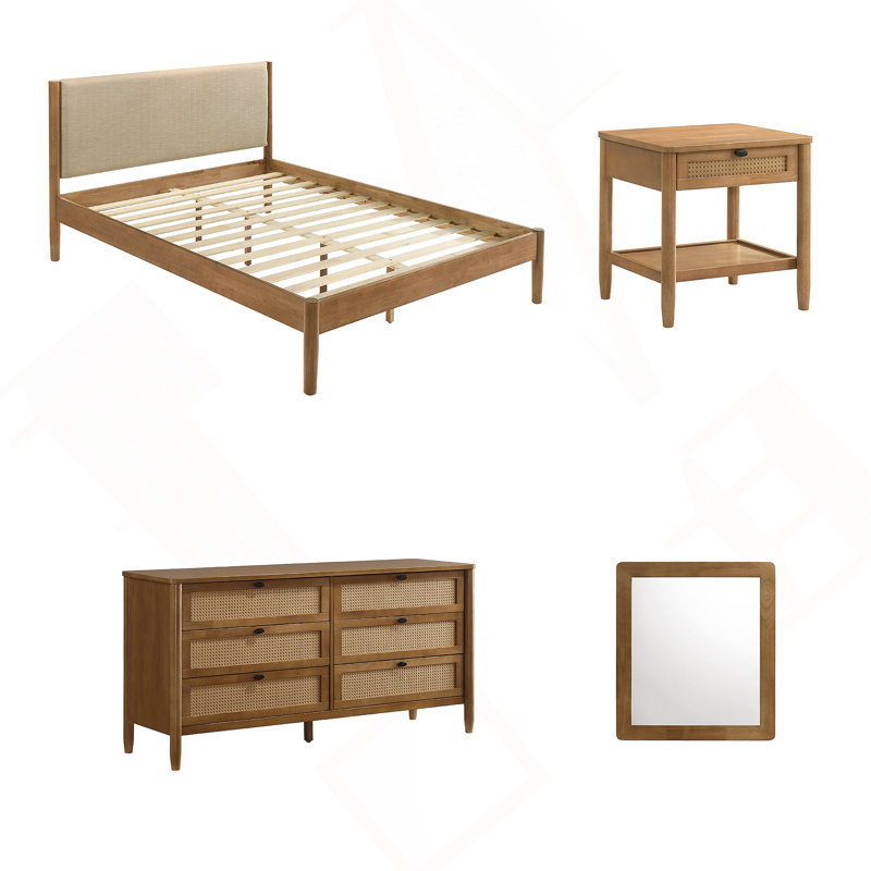 Ensemble de chambre à coucher en bois d'hévéa 4 pièces avec grand lit rembourré en polyester texturé, commode, miroir et table de chevet