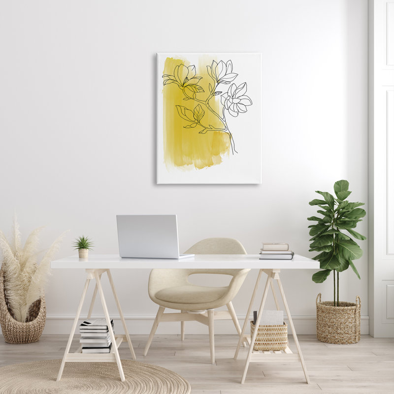 «Tree Blossom Branch», dessin au pinceau jaune, art mural surdimensionné par Bronwyn Baker, H 40 po x l 30 po, Toile tendue