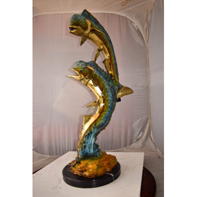 Kirsti Impressive Pair of Dorado Mahi Mahi Fish Bronze Statue Size: 20" x 18" x 42"H