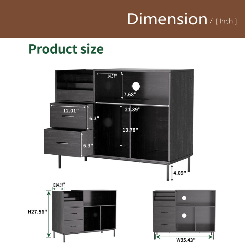 Support pour tourne-disque avec prise de courant et couvercle rabattable, table tournante avec rangement pour plus de 300 vinyles, console média à grain de bois noir avec 2 tiroirs, 27,6 po avec protection contre la poussière, assemblage requis