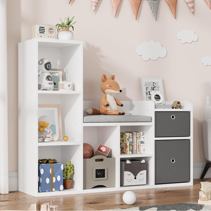 Kids Bookshelf 44.1in Width Toy Storage Organizer with Reading Nook White Bookcase Seat Cushion Wooden 6-Cubby Storage Bench 2 Drawers Toddler Cabinet Shelf for Kids Room, Playroom, Nursery