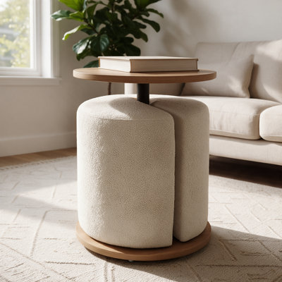 Table d'appoint ronde en placage de chêne avec repose-pieds dissimulé en tissu Teddy, table de bout de 17,3 po de diamètre avec siège escamotable, mobilier d'appoint peu encombrant pour le salon et la chambre à coucher