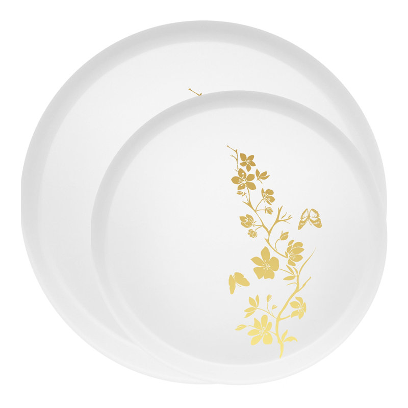 Service de vaisselle en plastique blanc à motifs floraux dorés - 120 couverts