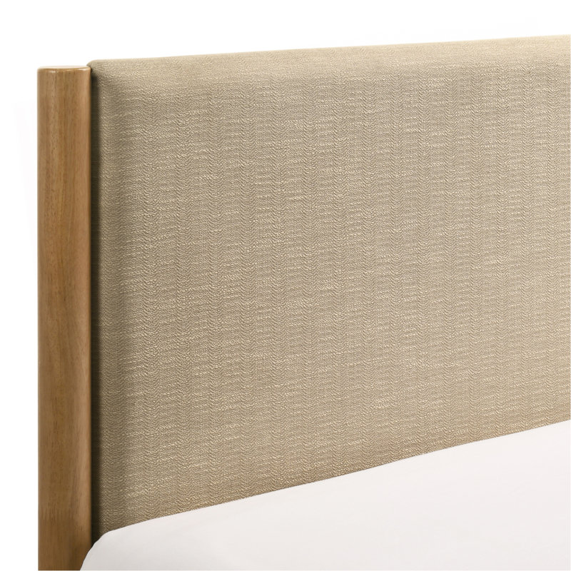 Lit plateforme Vichy en hévéa en noyer clair avec tête de lit tapissier beige pour un confort et une durabilité ultimes
