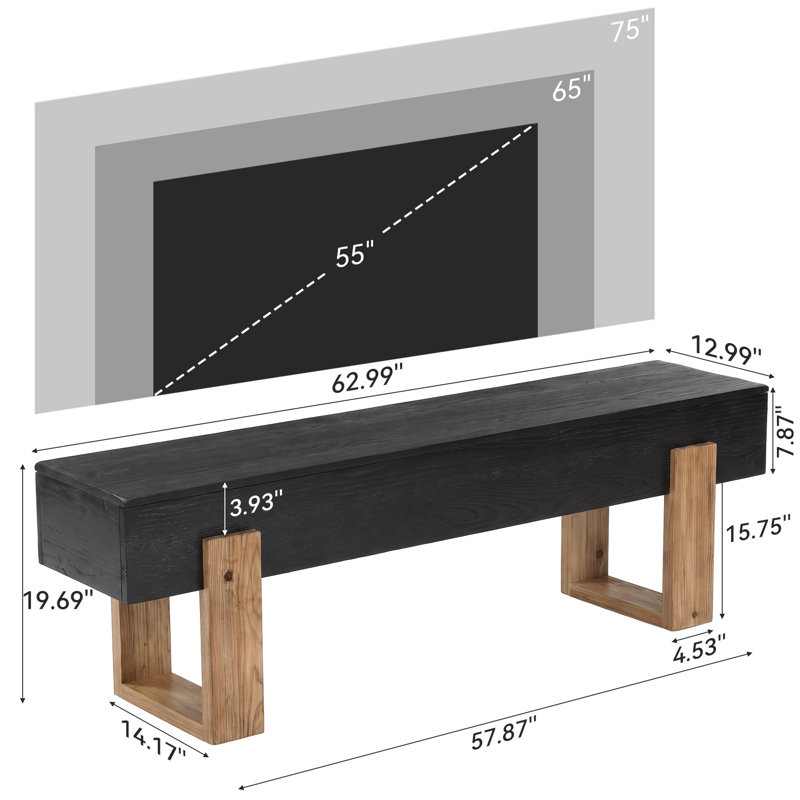 63 Inch Solid Wood TV Stand, Black, Black