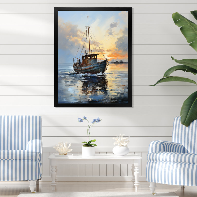 Lake Fishers Boat Twilight III - Coastal Boat Wall Art, Black Single Picture Framed, 20" H x 12" W x 1" D