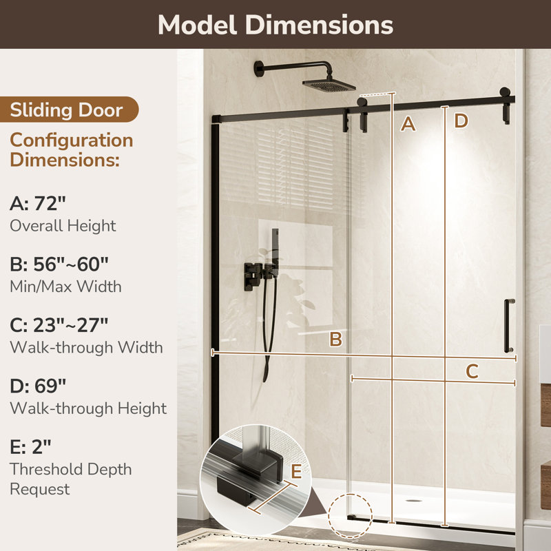 56"-60" W x 72" H Single Sliding Frameless Shower Door, 72"